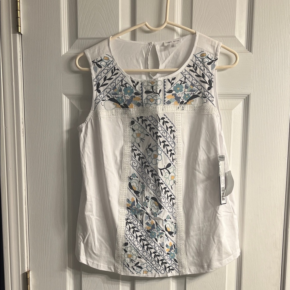 Tribal White Floral Embroidered Tank Top